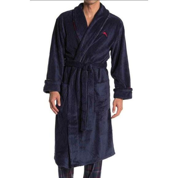TOMMY BAHAMA Men's Cotton Terry Bath Robe Small Medium Navy Blue Logo Plush NWT - Picture 1 of 10